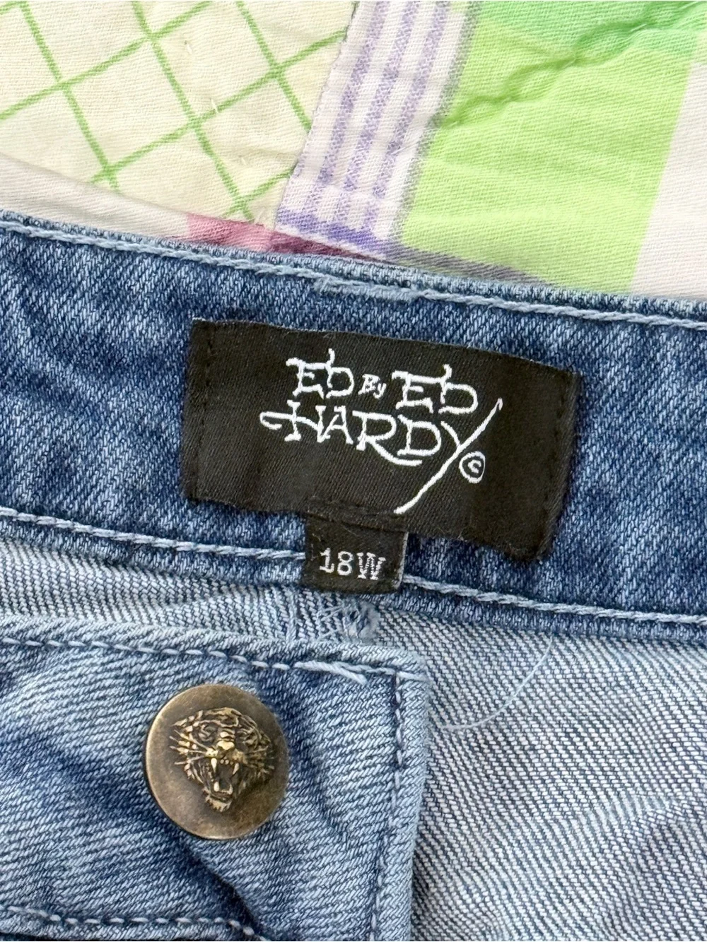 Ed Hardy Born Free Blue Bird Tattoo Graphic Cutoff Jean Shorts 18W